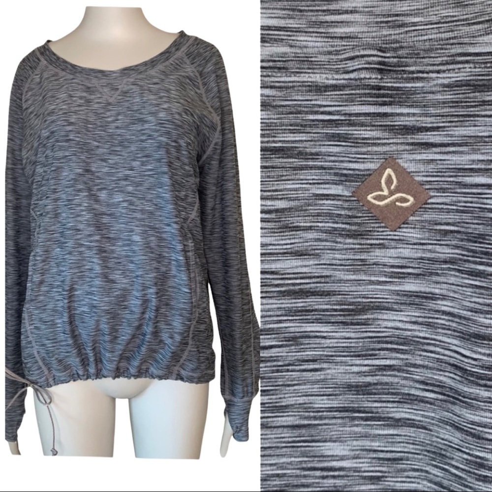 PRANA Scoop Neck Athletic Top Drawstring Hem Loose Fit Heathered Purple Grey